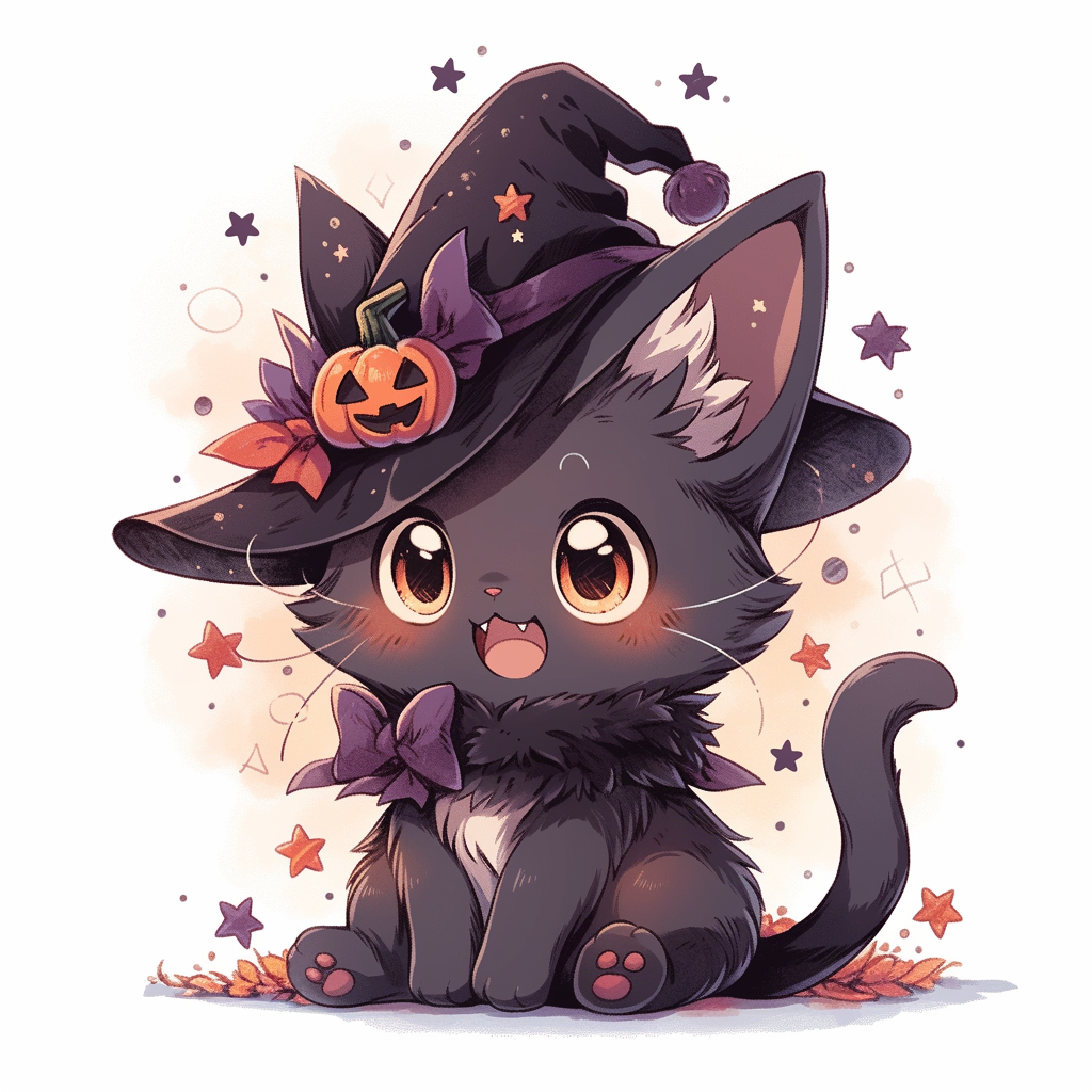 Halloween Witch Cat Vector Art - Adorable Black Kitten in Witch Hat for Crafting and Decor