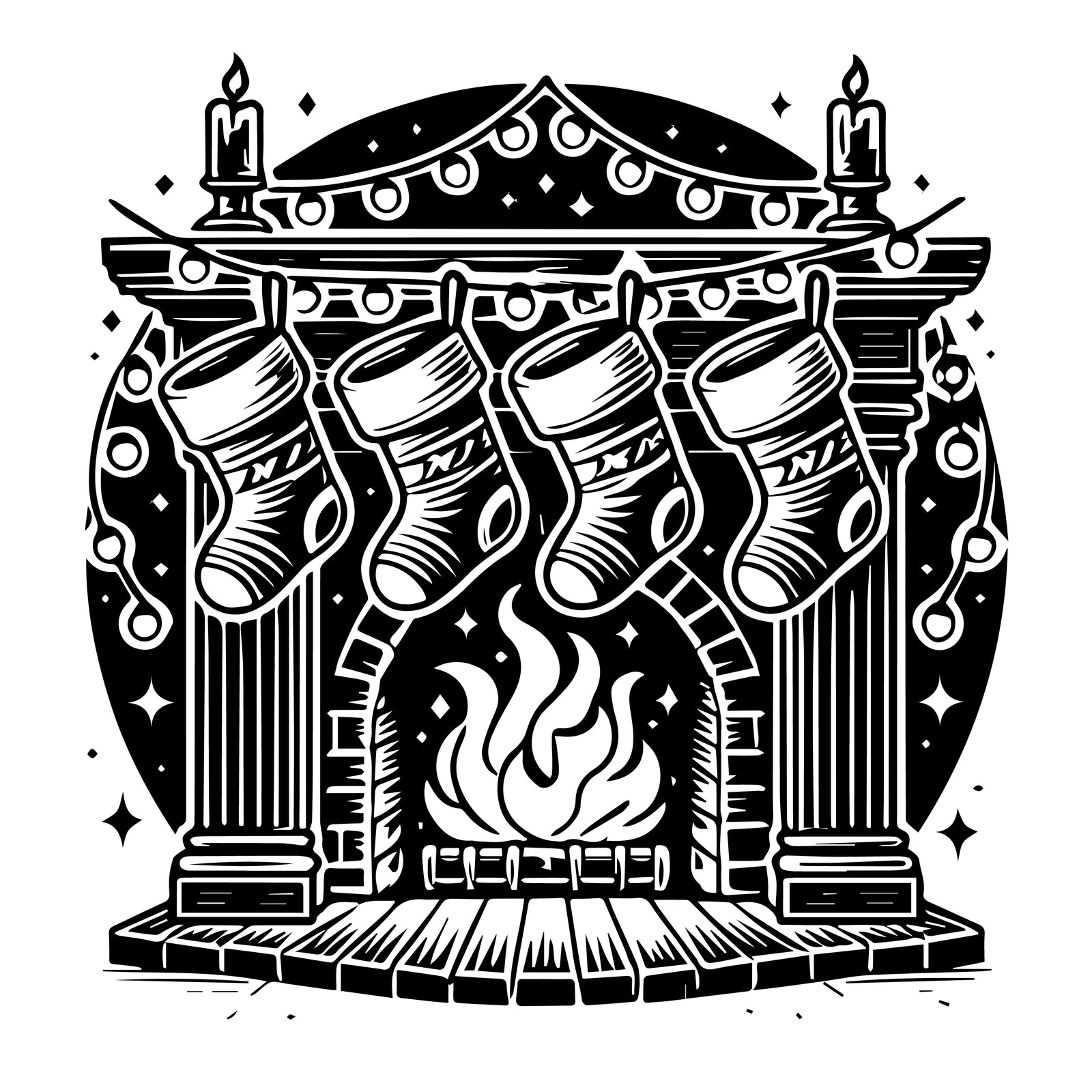 Christmas Stockings by the Fireplace Vector Art – Digital Download for Holiday Crafts & Engraving