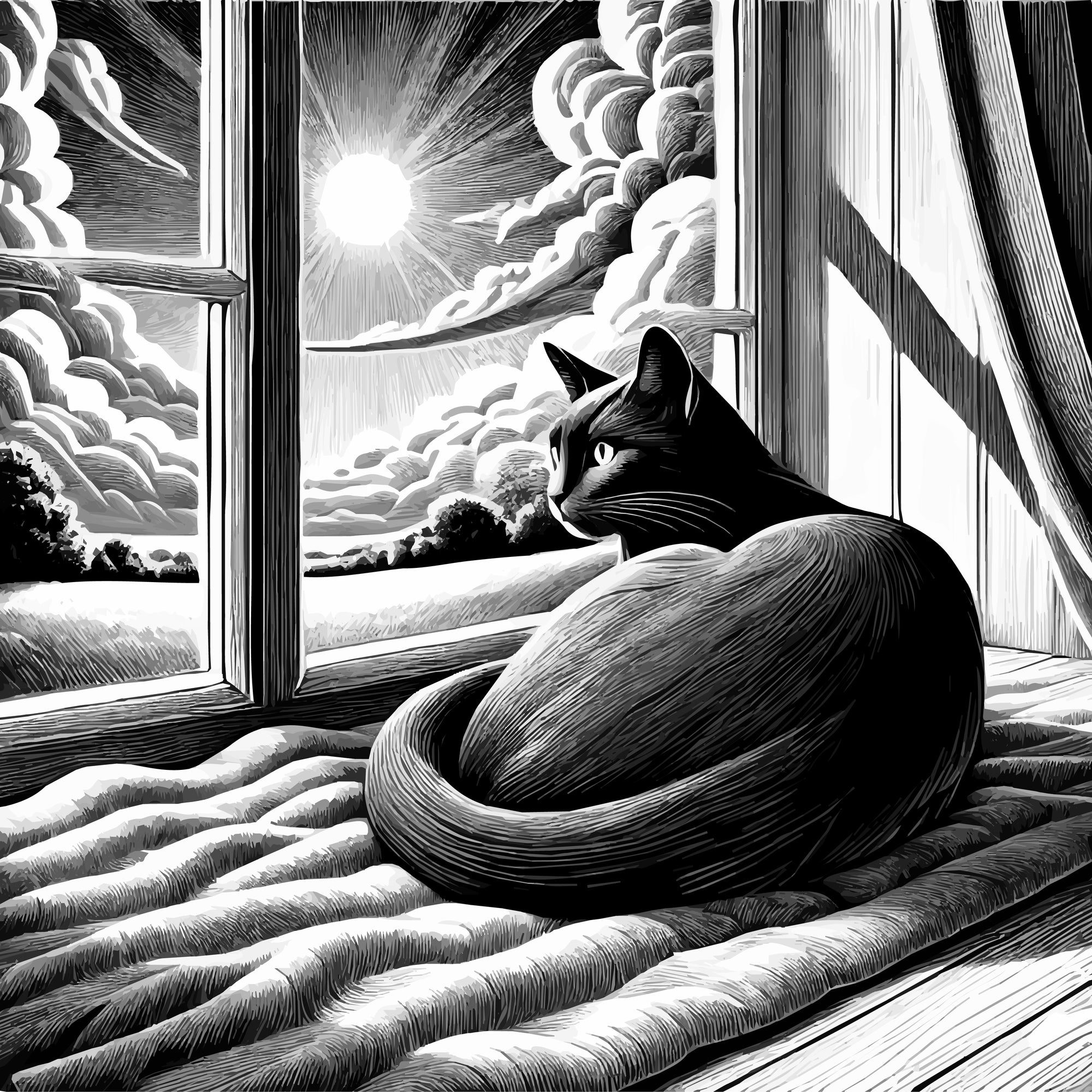 Serene Cat by the Window – Black and White Illustration