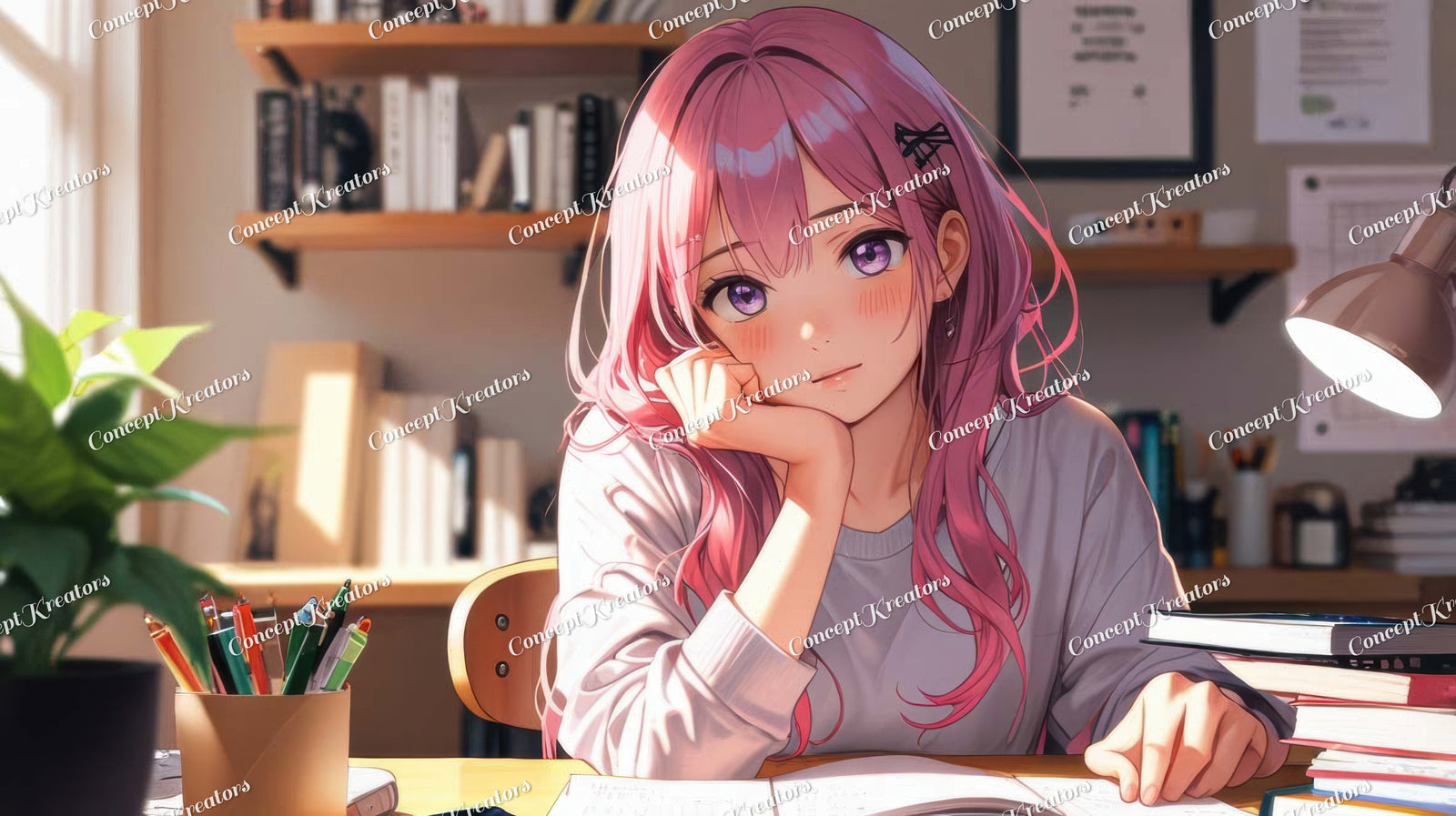 Charming Pink-Haired Anime Girl Studying –  Inspired Art Print