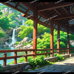 Studio Ghibli Inspired Anime Landscape Desktop Wallpaper | Serene Japanese Garden & Waterfall | Digital Download