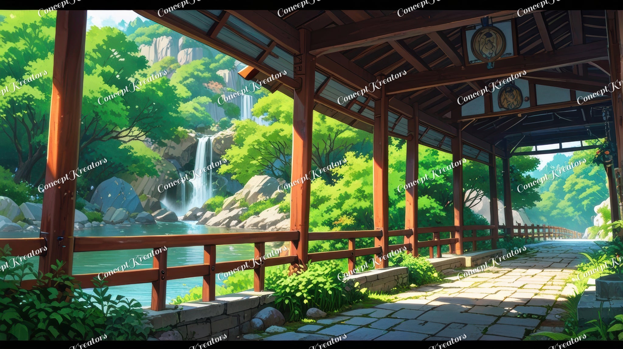 Studio Ghibli Inspired Anime Landscape Desktop Wallpaper | Serene Japanese Garden & Waterfall | Digital Download