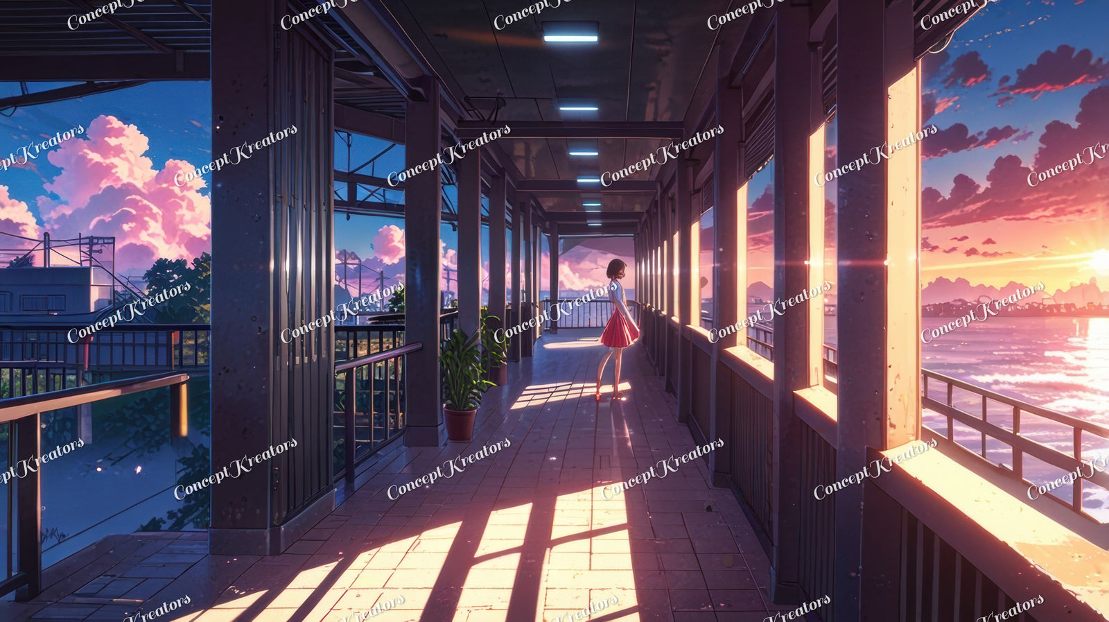 Studio Ghibli Inspired Anime Landscape Desktop Wallpaper | Beautiful Pier at Sunset | Digital Download