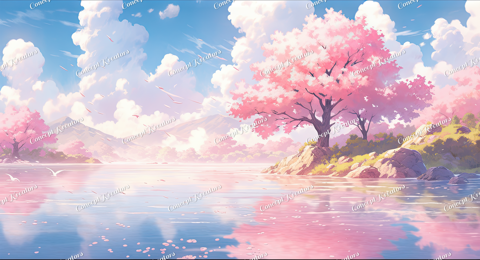 Serene Cherry Blossom Landscape – Studio Ghibli Inspired Desktop Wallpaper